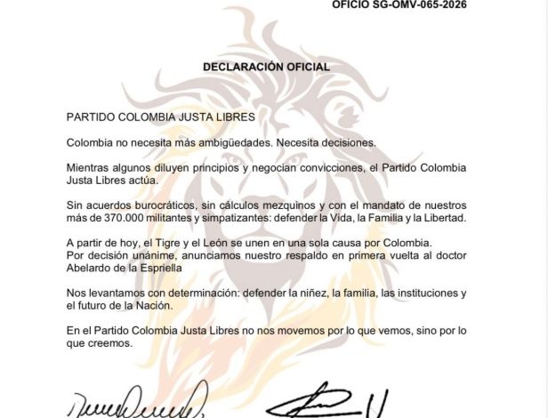  Colombia Justa Libres se suma a la campaña de Abelardo De La Espriella y revoluciona la elección presidencial – 

 – Panorama 24